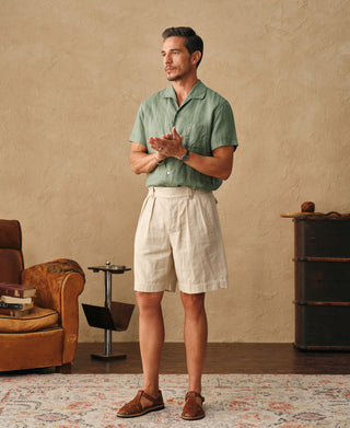 lifestyle shot of 1950s Italian Collar Linen Short Sleeve Shirt - Sage