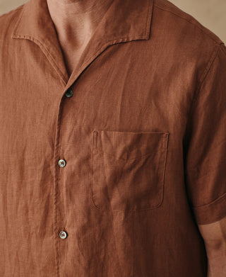 lifestyle shot of 1950s Italian Collar Linen Short Sleeve Shirt - Brown