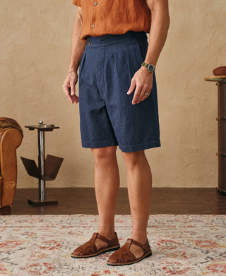 lifestyle shot of Indigo Relaxed Double-Pleated Hemp-Cotton Shorts 