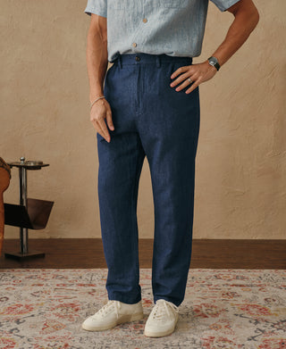 lifestyle shot of Indigo Tapered Hemp-Cotton Blend Pants