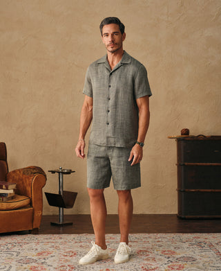 lifestyle shot of Relaxed Ramie Herringbone Cuban Shirt