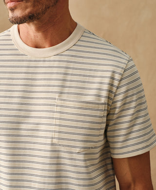 lifestyle shot of Heavyweight Cotton Striped Pocket T-Shirt - Apricot