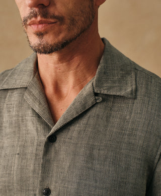 lifestyle shot of Relaxed Ramie Herringbone Cuban Shirt