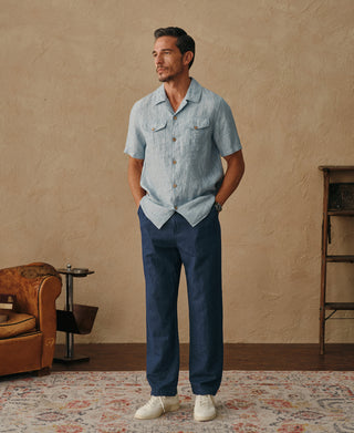 lifestyle shot of Indigo Tapered Hemp-Cotton Blend Pants