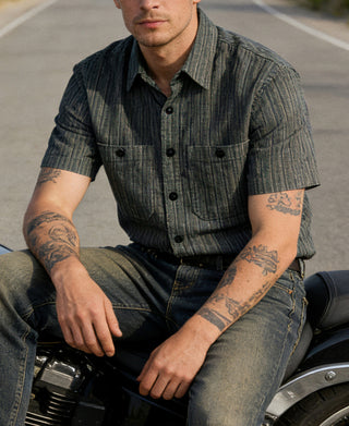 lifestyle shot of Textured Retro Stripe Cotton Blend Shirt