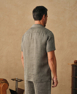 lifestyle shot of Relaxed Ramie Herringbone Cuban Shirt