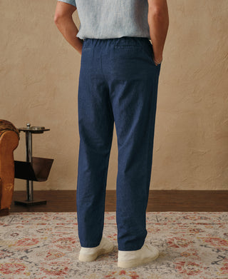 lifestyle shot of Indigo Tapered Hemp-Cotton Blend Pants
