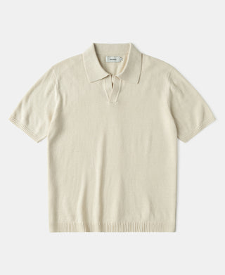 Linen Cotton Blend Knit Johnny Collar Polo in Apricot