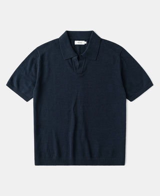 Linen Cotton Blend Knit Johnny Collar Polo in Indigo