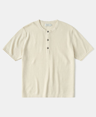 Linen Cotton Blend Knit Henley T-shirt in Apricot