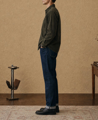 Men's rosin green cotton corduroy button-up shirt, side profile, long sleeves
