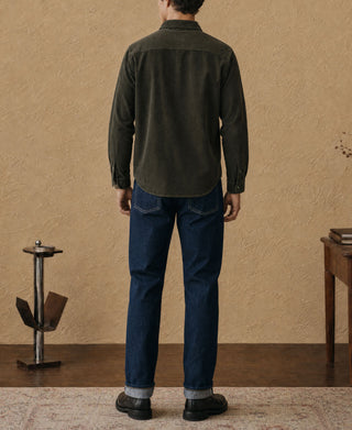 Men's rosin green cotton corduroy button-up shirt, back view, long sleeves