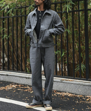 Men's blue-and-white striped jacket with button front and chest patch pocket