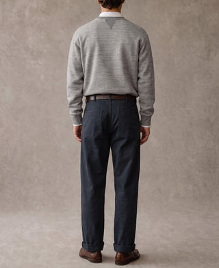Navy deck trousers on a model with straight legs