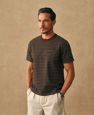 lifestyle shot of Heavyweight Cotton Striped Pocket T-Shirt - Coffee