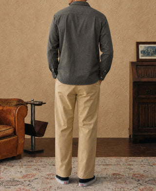 Dark gray brushed cotton flannel work shirt worn, back view with button-up collar