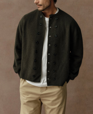 Olive knit cardigan with double-breasted button front and crew neckline