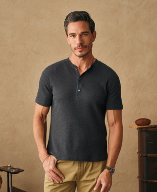 Honeycomb Waffle Knit Henley T-Shirt - Vintage Black