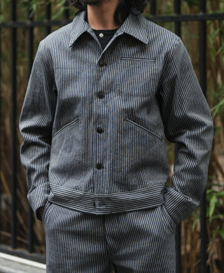 Men's blue-and-white striped cossack jacket, button front, patch flap pockets