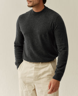 Heather gray merino wool mock neck sweater, long sleeves with ribbed cuffs