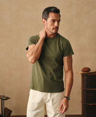 lifestyle shot of Vintage Slub Cotton Cap Sleeve T-Shirt - Olive