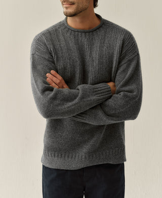 Mock Neck Pure Wool Guernsey Sweater - Gray