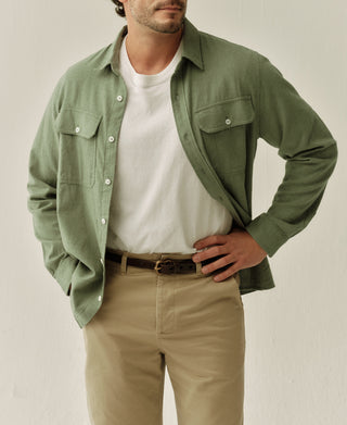 Sage green brushed cotton flannel work shirt, two chest flap pockets, button-up placket
