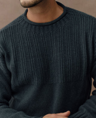 Mock Neck Pure Wool Guernsey Sweater - Dark Blue