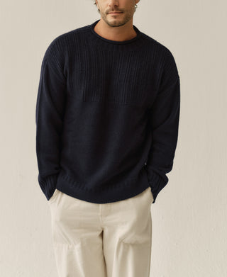Mock Neck Pure Wool Guernsey Sweater - Navy