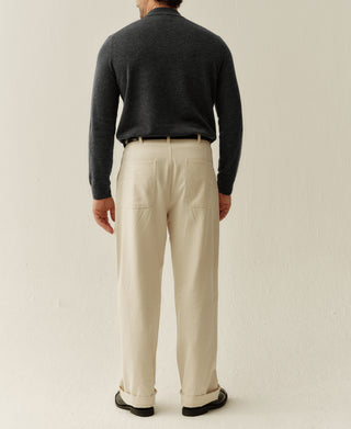 Heather gray merino wool mock neck sweater, back view with ribbed cuffs