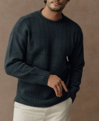 Mock Neck Pure Wool Guernsey Sweater - Dark Blue