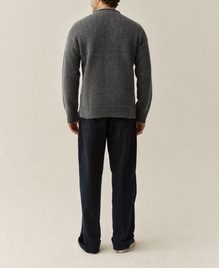 Mock Neck Pure Wool Guernsey Sweater - Gray