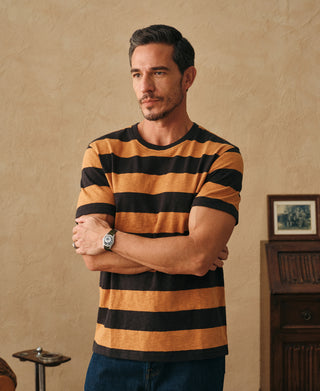 Slub Cotton Wide Striped T-Shirt - Black/Orange
