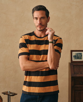 Slub Cotton Wide Striped T-Shirt - Black/Orange