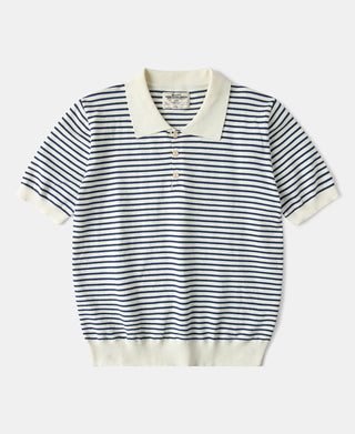 Nautical Fine Stripe Cotton Knit Polo in White Blue Stripe