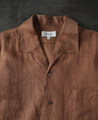 neckline detail of 1950s Italian Collar Linen Short Sleeve Shirt - Brown