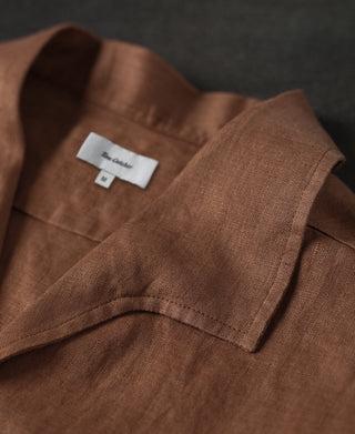 neckline detail of 1950s Italian Collar Linen Short Sleeve Shirt - Brown