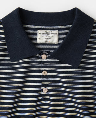neckline detail of Nautical Fine Stripe Cotton Knit Polo - Dark Blue Stripe