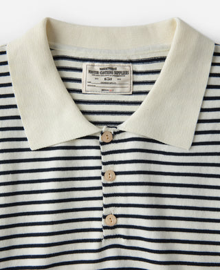 neckline detail of Nautical Fine Stripe Cotton Knit Polo - White Black Stripe