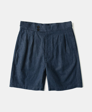 Relaxed Double-Pleated Hemp-Cotton Shorts in Indigo