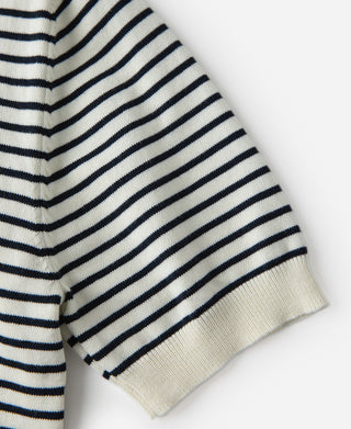 sleeve detail of Nautical Fine Stripe Cotton Knit Polo - White Black Stripe