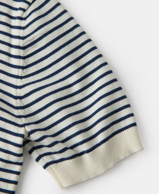 sleeve detail of Nautical Fine Stripe Cotton Knit Polo - White Blue Stripe