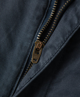 Zipper detail of 1930s Washed Officer Chino Shorts in Navy
