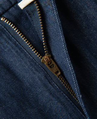 zipper detail of Indigo Tapered Hemp-Cotton Blend Pants
