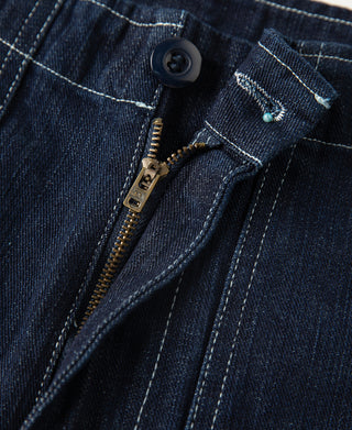 Zipper Detail of Raw Denim Baker Shorts