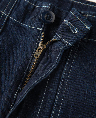 Zipper Detail of Raw Denim Baker Shorts