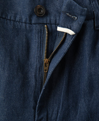 zipper detail of Indigo Tapered Hemp-Cotton Blend Pants