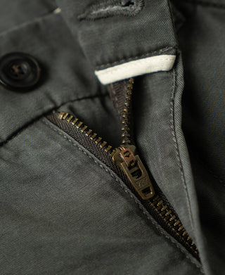 zipper detail of Vintage Washed Tapered 5-Pocket Pants in Dark Gray