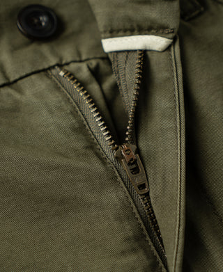 zipper detail of Vintage Washed Tapered 5-Pocket Pants in Olive