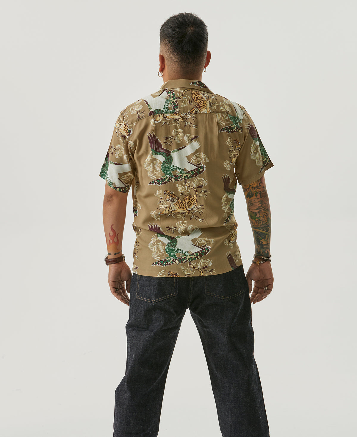 Ukiyo-e Tiger &amp; Crane Pattern Aloha Shirt - Khaiki